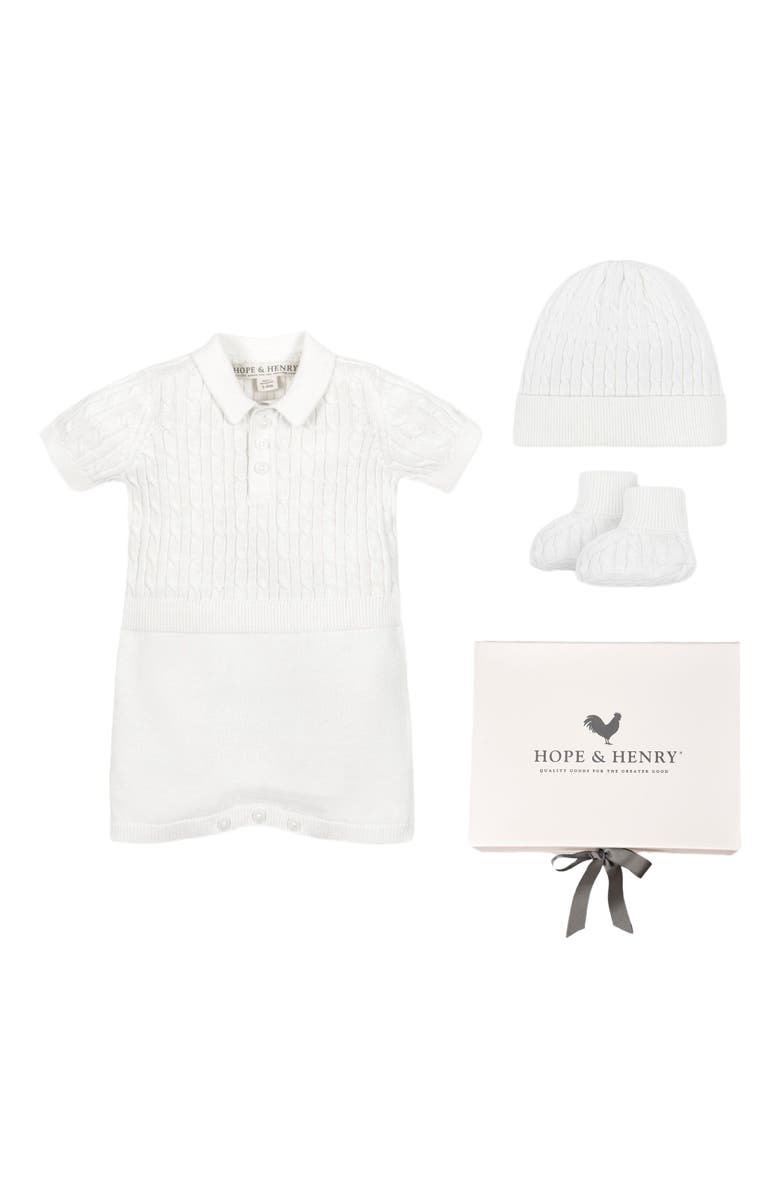 Hope & Henry Baby 4 Piece Shortie Cable Knit Romper Gift Set with Box, Infant, Main, color, 