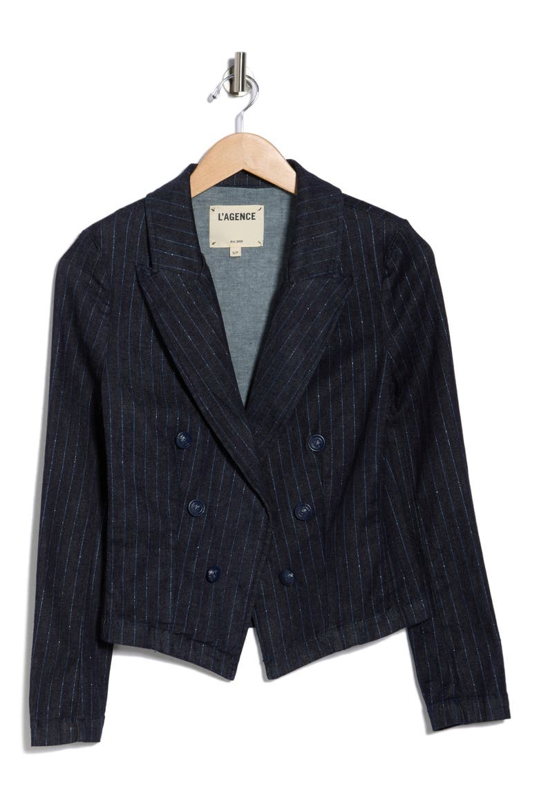 Wayne Pinstripe Double Breast Crop Jacket, Alternate, color, INDIGO/ BLUE GLITTER STRIPE