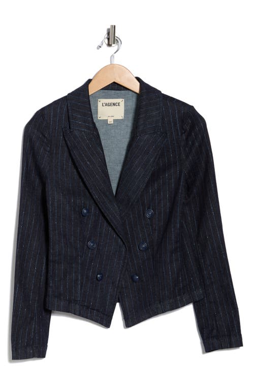 L Agence L'agence Wayne Pinstripe Double Breast Crop Jacket In Blue