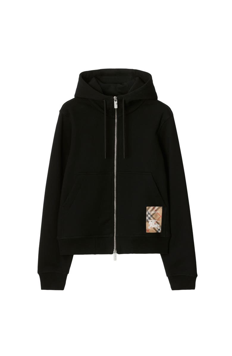 Burberry Check Label Cotton Zip Hoodie, Alternate, color, Black