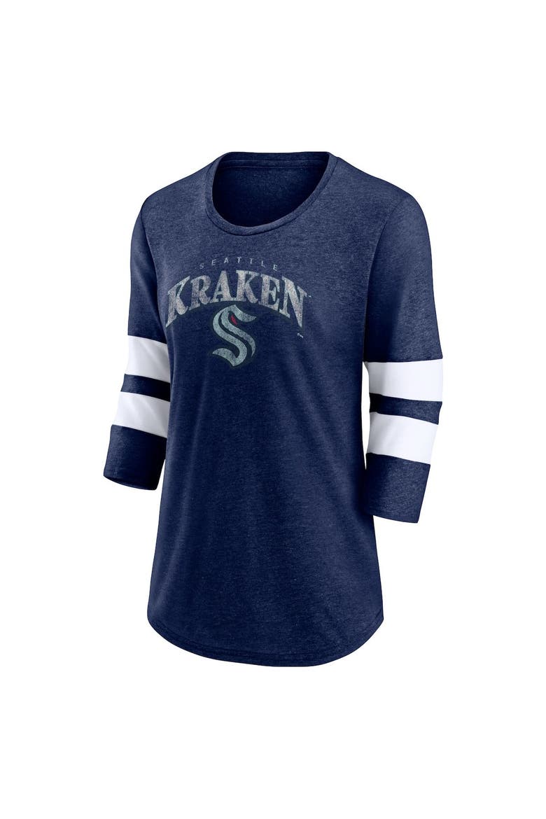 Women's Fanatics Branded Heather Deep Sea Blue Seattle Kraken Special Edition 2.0 Barn Burner 3/4 Sleeve T-Shirt, Alternate, color, Heather Navy