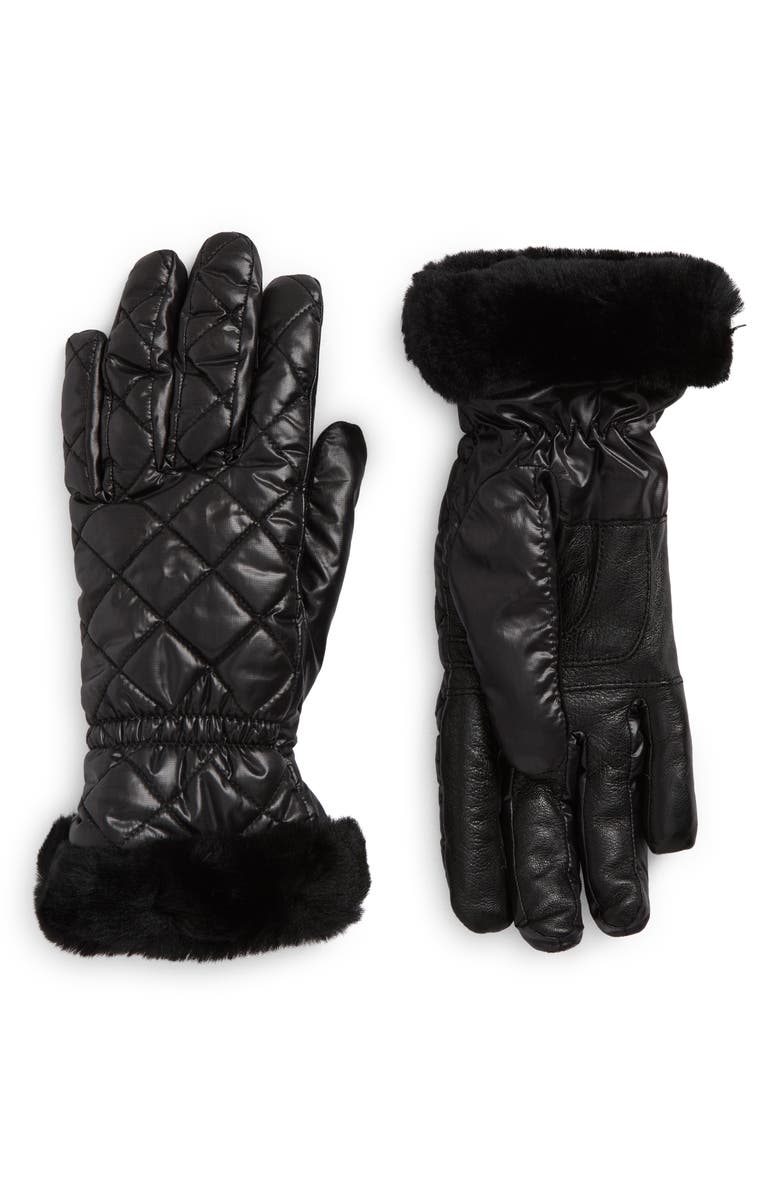 UGG<sup>®</sup> All Weather Genuine Shearling Trim Quilted Gloves, Main, color, Black