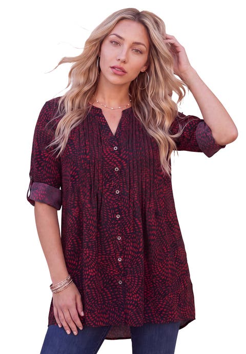 Pintuck Tunic Blouse Y-Neck & Roll-Tab Sleeves