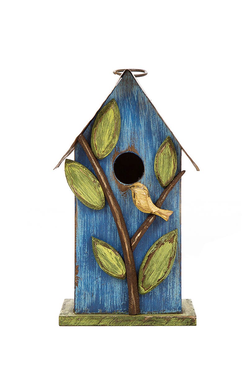 Glitzhome 10"H Multicolor Cute Distressed Solid Wood Birdhouse with 3D Flowers, Alternate, color, Blue