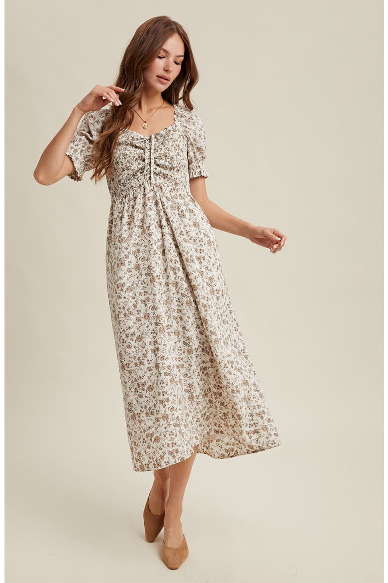 Floral Ruched Midi Dress, Alternate, color, CREAM/ TAUPE