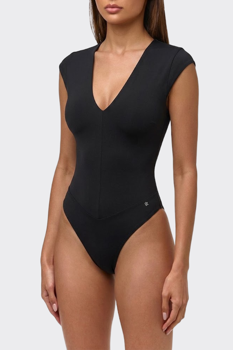 Shapewear V-Neck Cap Sleeve Tummy Control Bodysuit, Alternate, color, Jet