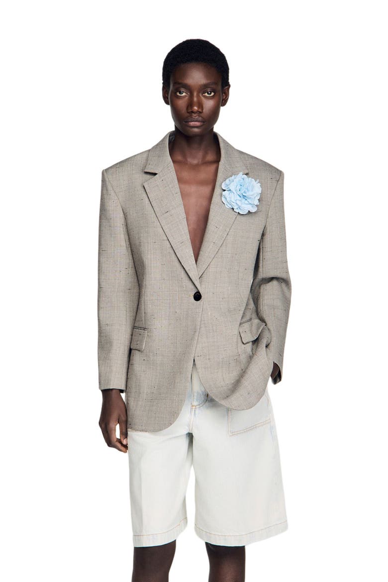 Check wool jacket with brooch, Main, color, Greige
