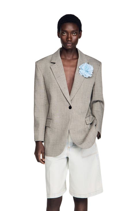 Check wool jacket with brooch