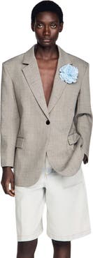 SANDRO Check wool jacket with brooch