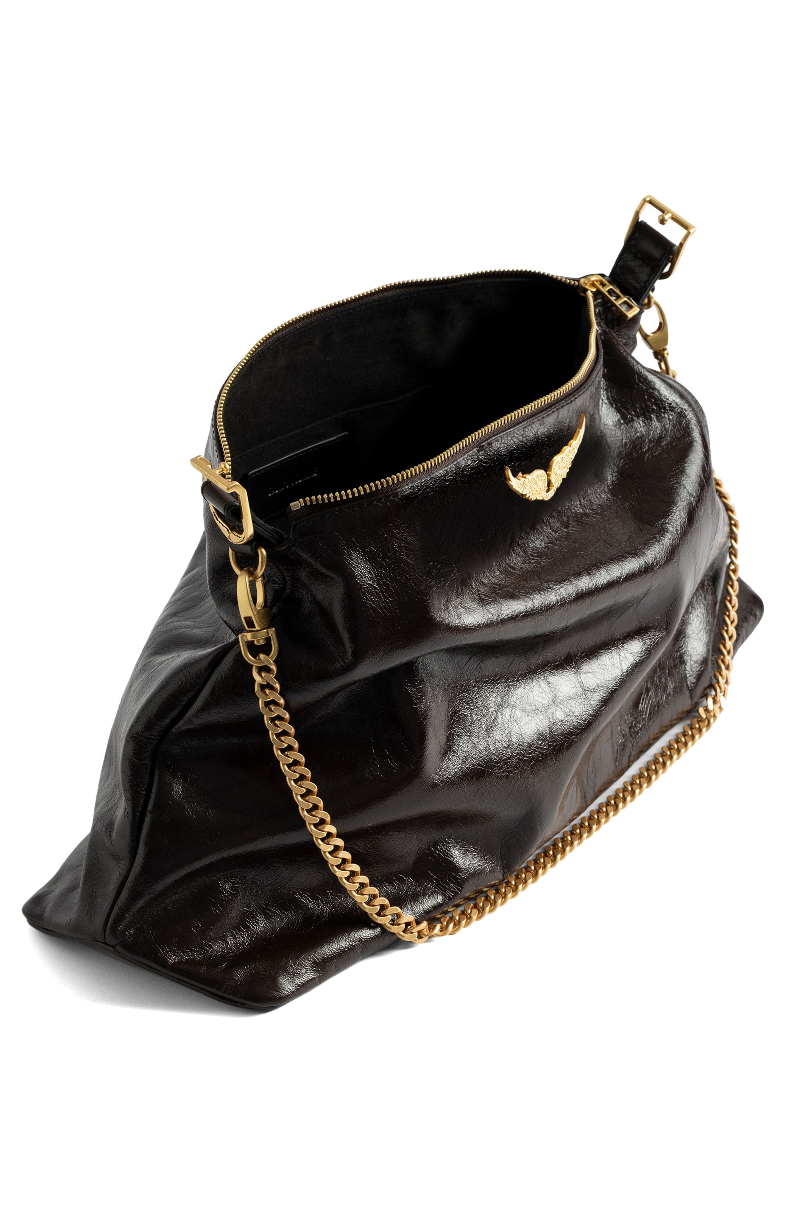 Zadig & Voltaire Jim Patent Leather Shoulder Bag, Alternate, color, Brownie