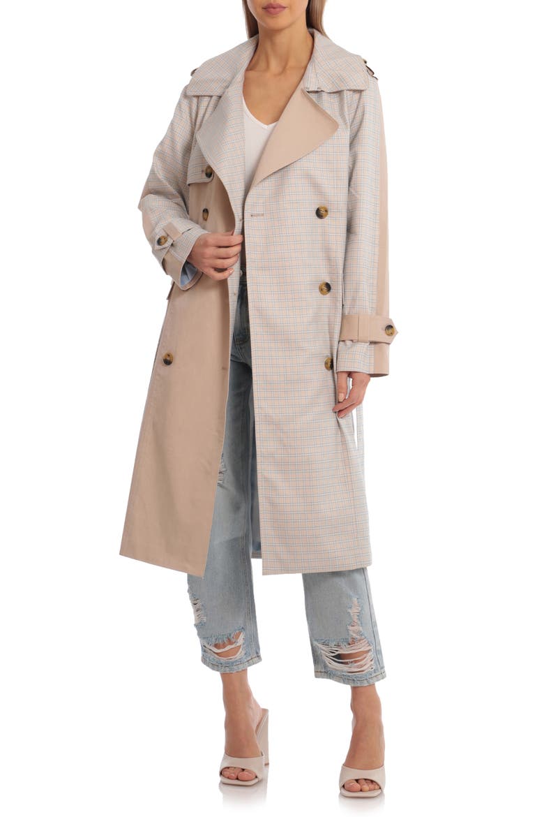 Combo Trench Coat, Alternate, color, GREIGE PLAID