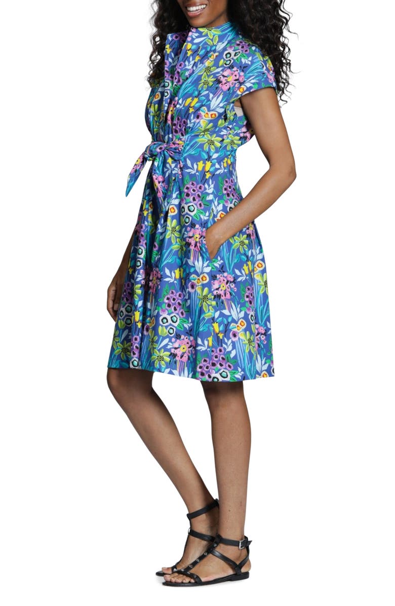 APNY Floral Print Belted A-Line Dress, Alternate, color, Blue Multi