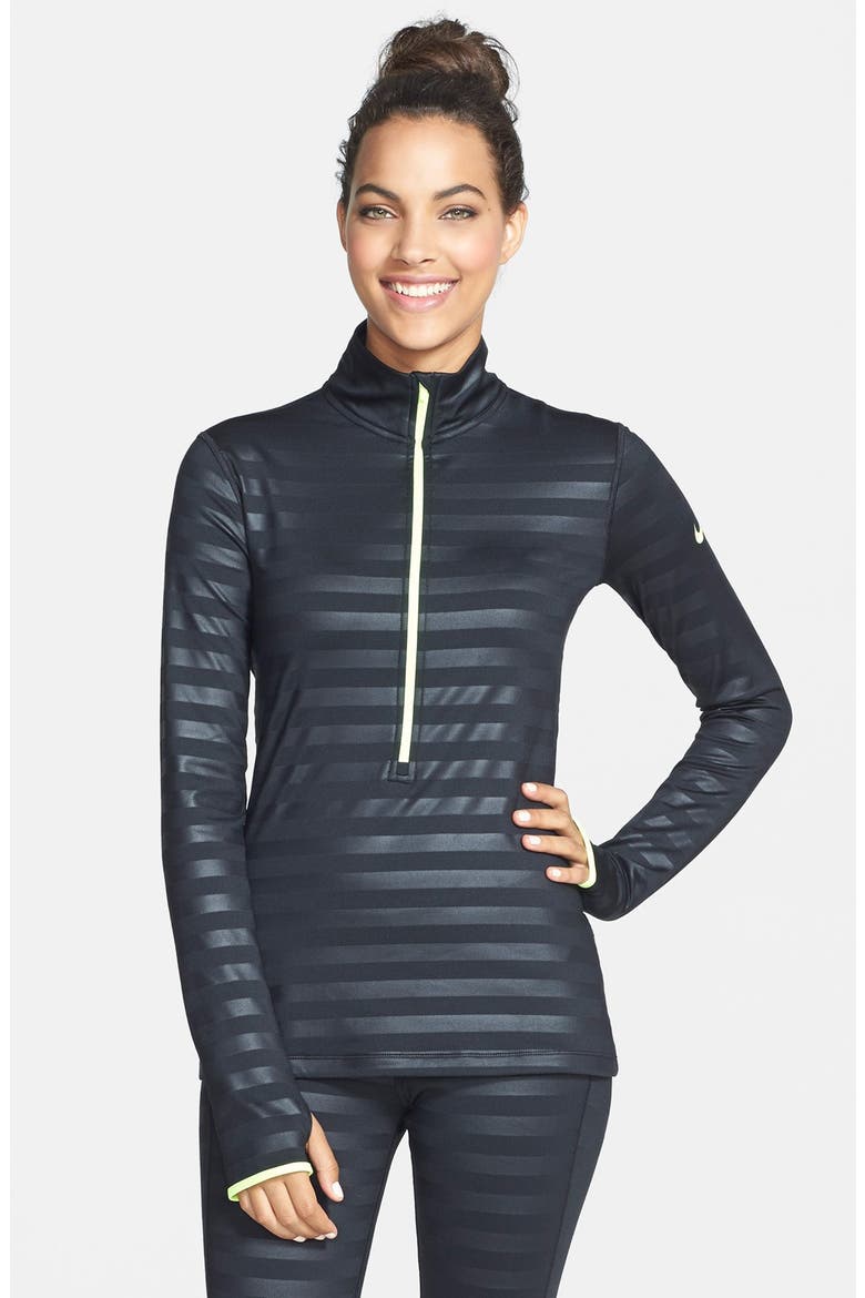 'Pro Hyperwarm' Embossed Stripe Half Zip Top, Main, color, BLACK/ VOLT