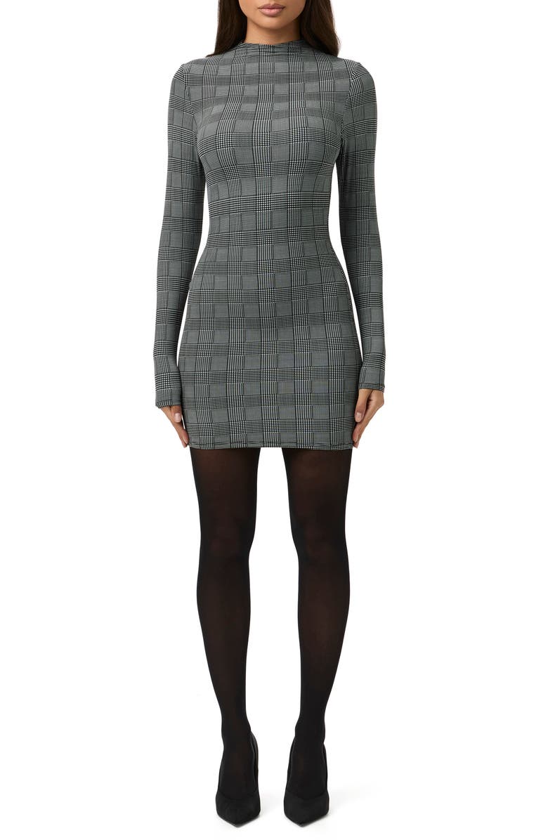 Naked Wardrobe Leopard Print Long Sleeve Body-Con Minidress, Main, color, Houndstooth Plaid