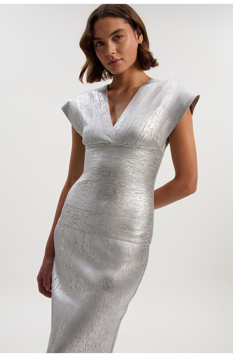 Karen Millen Metallic Angel Sleeve Knit Maxi Dress, Alternate, color, Silver