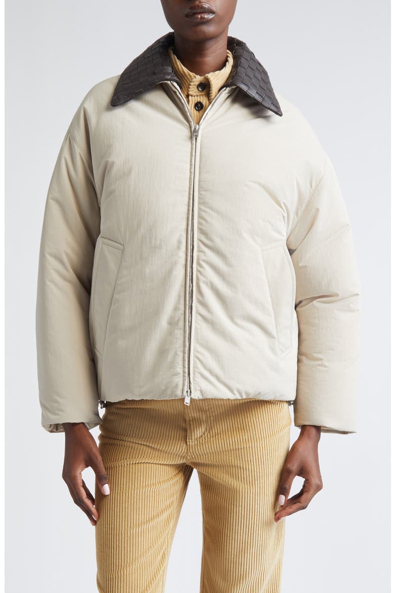 Intrecciato Leather Collar Tech Nylon Puffer Jacket, Main, color, 2674 GREY PUTTY