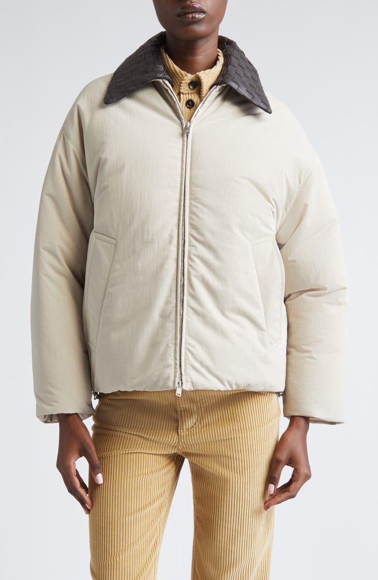 Bottega Veneta Intrecciato Leather Collar Tech Nylon Puffer Jacket, Main, color, 2674 Grey Putty
