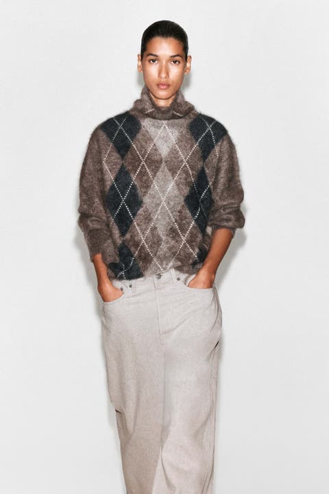 Argyle Brushed Pure Cashmere Mock-neck Sweater