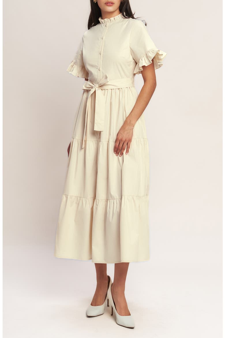 Ruffle Trim Midi Dress, Alternate, color, CREAM