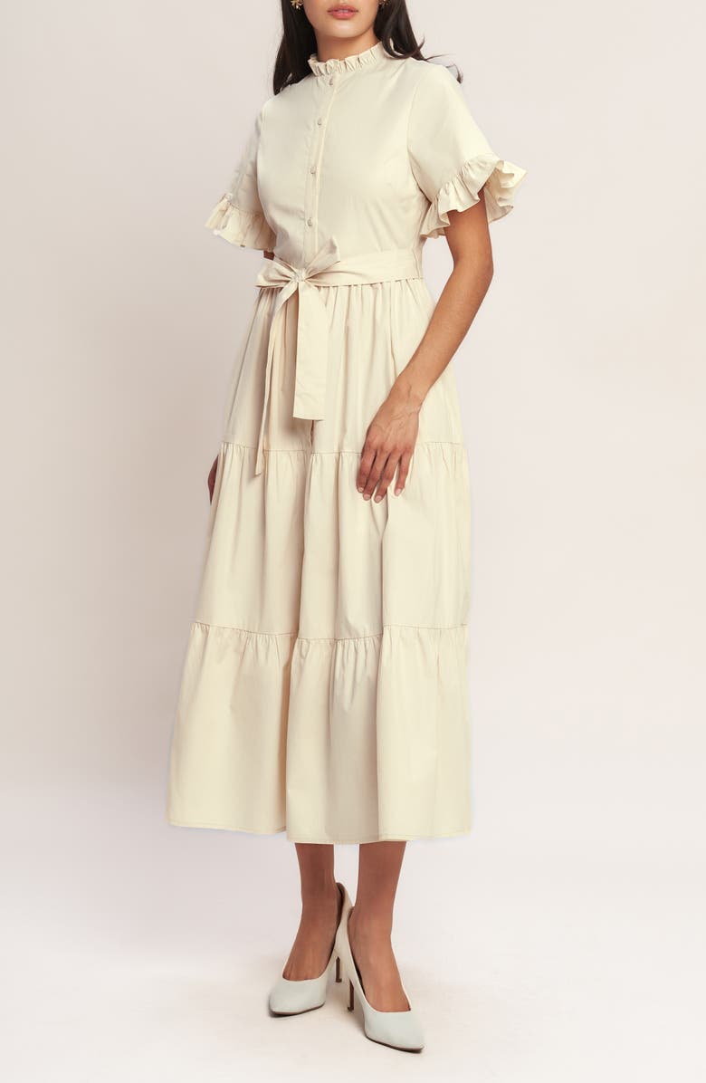 FLYING TOMATO Ruffle Trim Midi Dress, Alternate, color, Cream