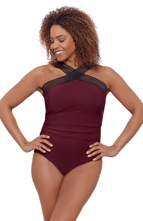 High Criss Cross Neck Full Coverage Novelty Trim One-Piece Swimsuit