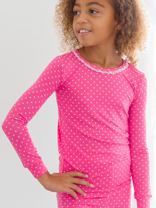 Rufflebutts Softsnooze Girls Ruffle Long Sleeve Pajama Set In Hot Pink Heart
