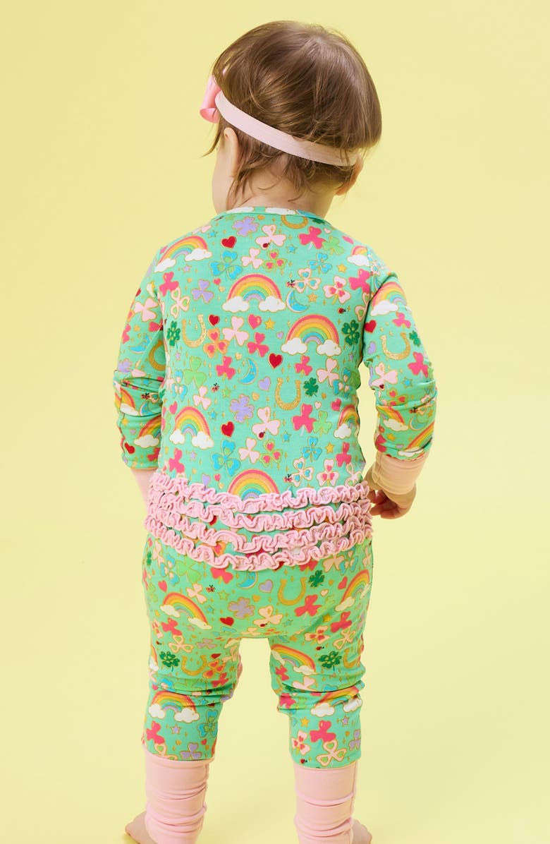 RuffleButts Lucky Day Print Ruffle Convertible Romper, Alternate, color, Green