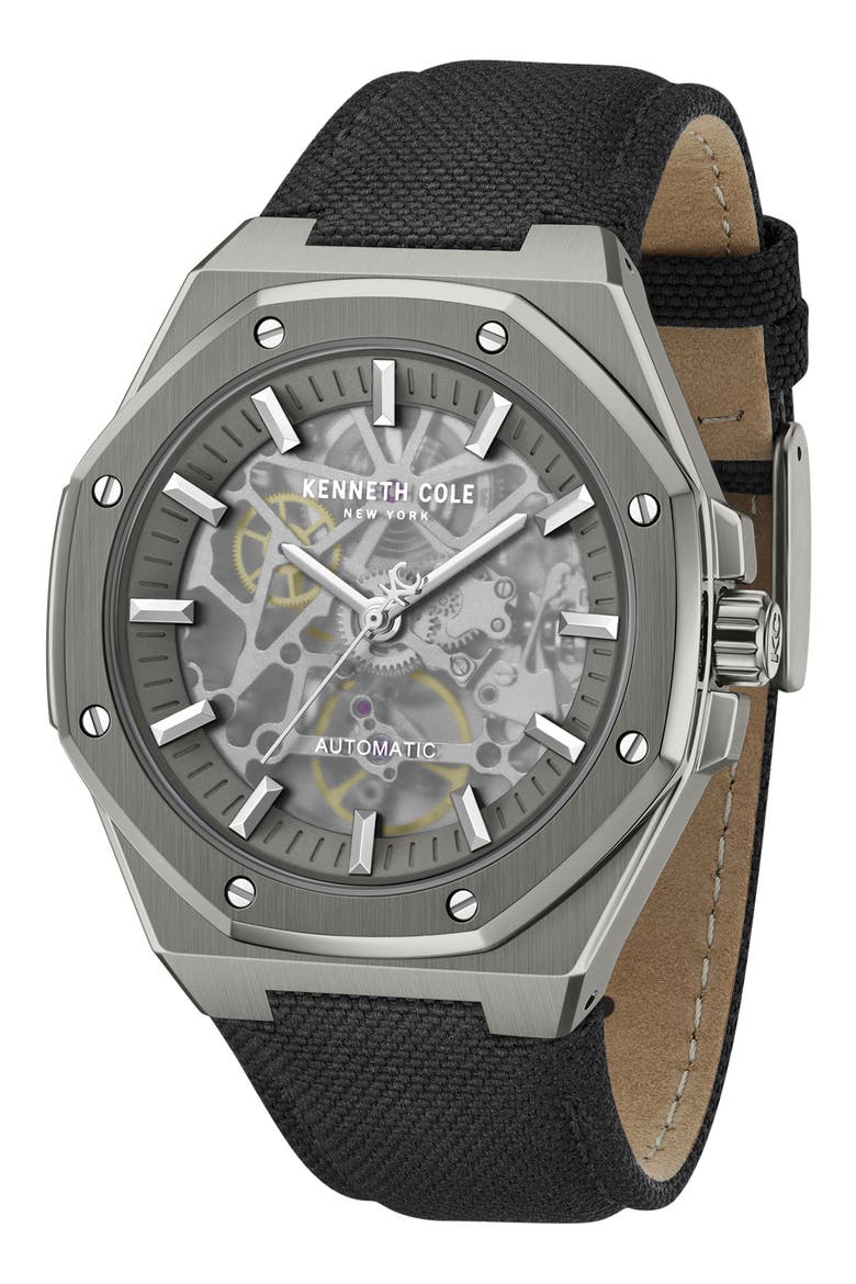 Benson Skeleton Automatic Nylon Strap Watch, 42mm, Alternate, color, BLACK