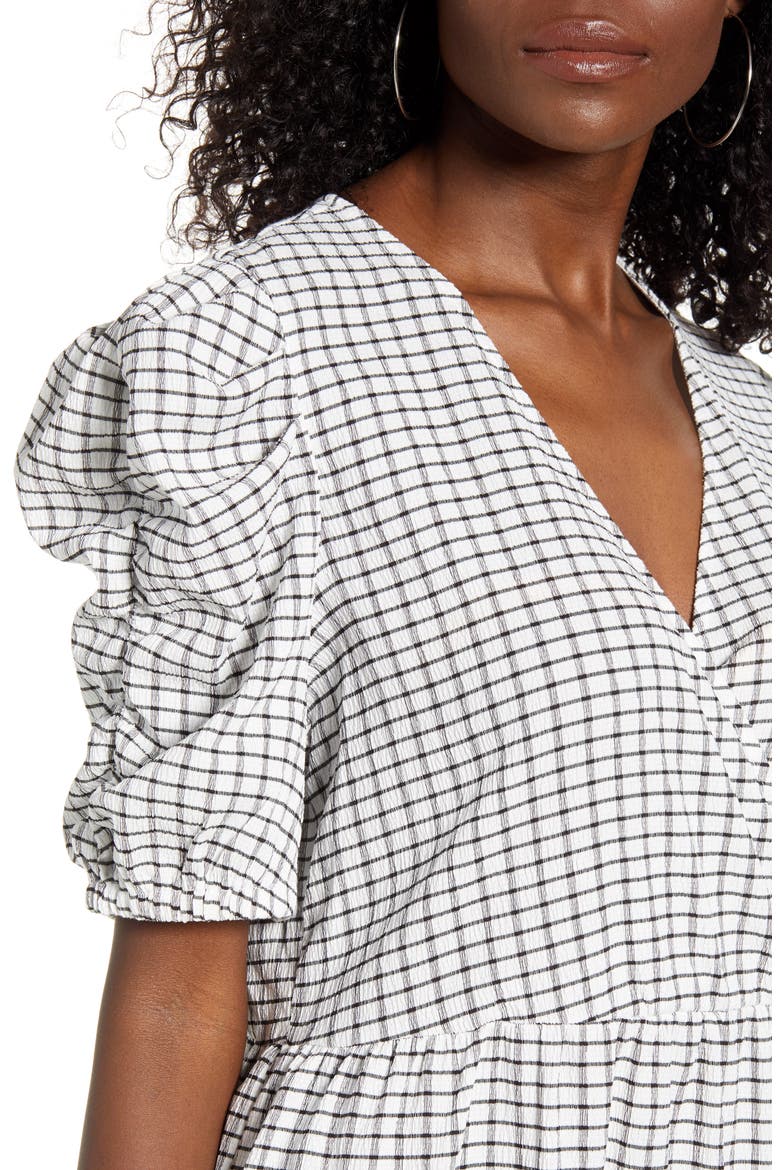 Puff Shoulder Midi Dress, Alternate, color, BLACK W/ WHITE CHECK