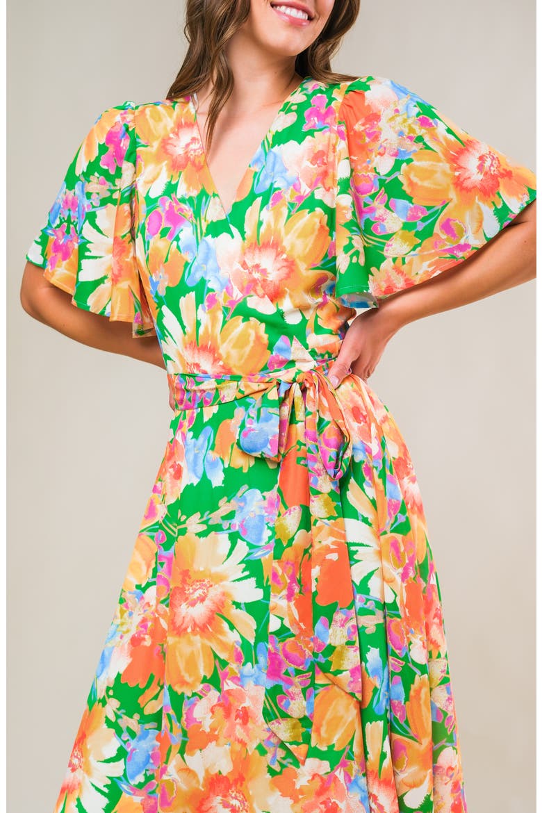 Floral Flutter Sleeve Wrap Midi Dress, Alternate, color, GREEN