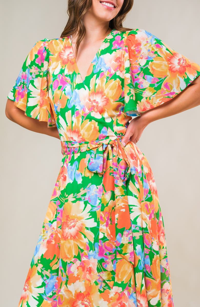 FLYING TOMATO Floral Flutter Sleeve Wrap Midi Dress, Alternate, color, Green