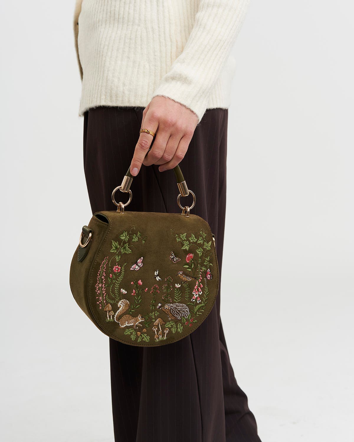 Charlotte Meadow Scene Embroidered Faux Suede Saddle Purse, Alternate, color, Khaki