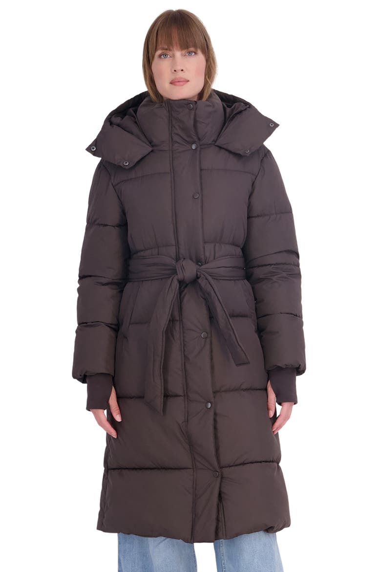Belted Water Resistant Puffer Coat, Alternate, color, BROWN