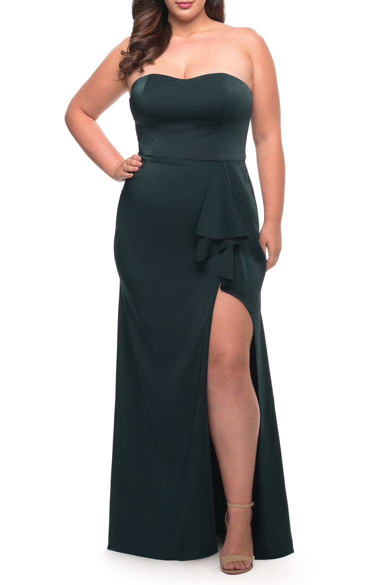 Strapless Plus Size Dress with Ruffle Slit Detail, Main, color, DARK EMERALD
