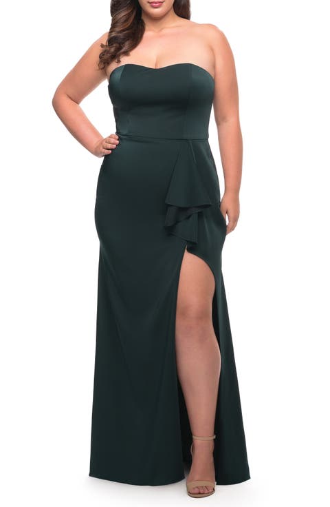 Strapless Plus Size Dress with Ruffle Slit Detail