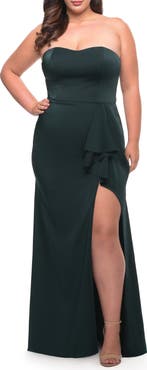 La Femme Strapless Plus Size Dress with Ruffle Slit Detail