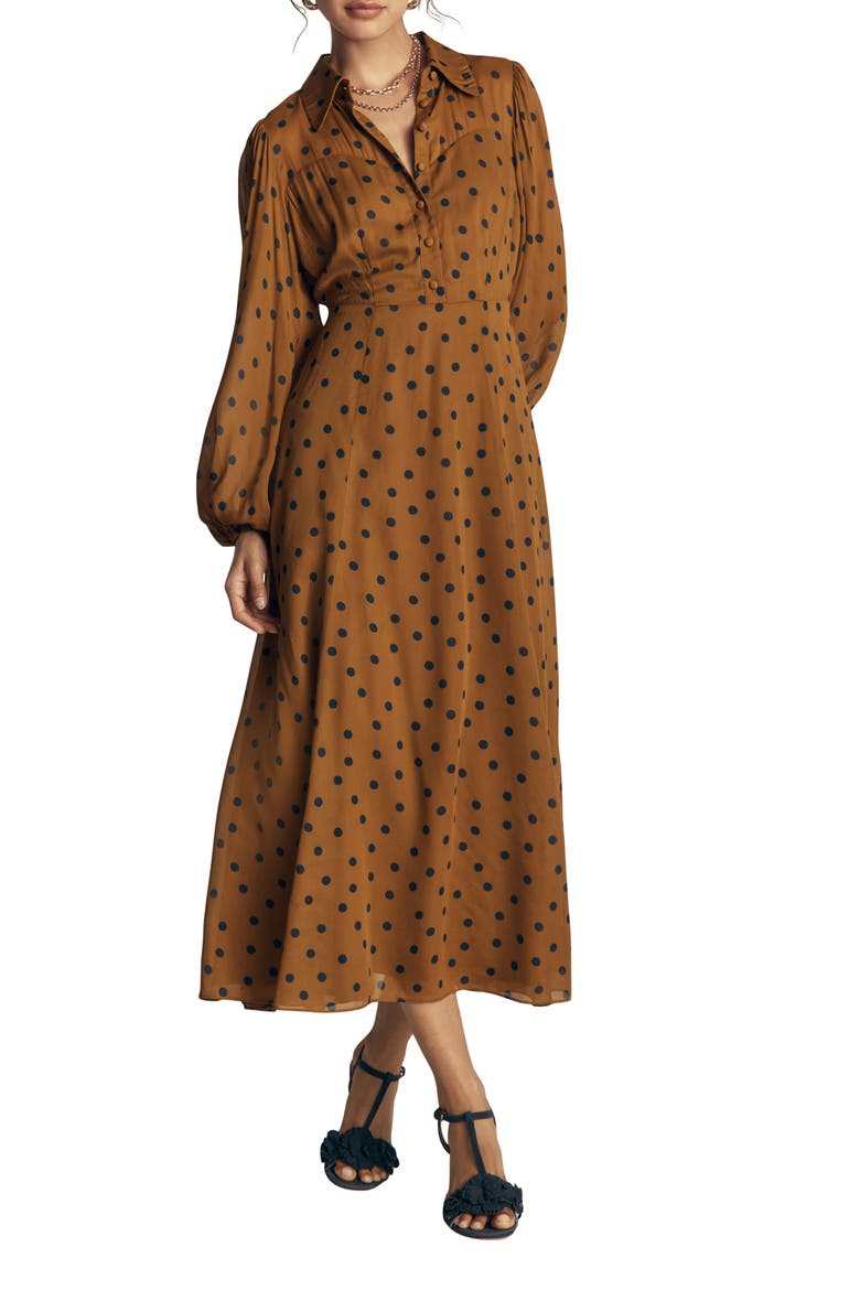 Painted Dot Sheer Yoke Shirt Dress, Main, color, HAZELNUT BROWN, PAINTED DOT