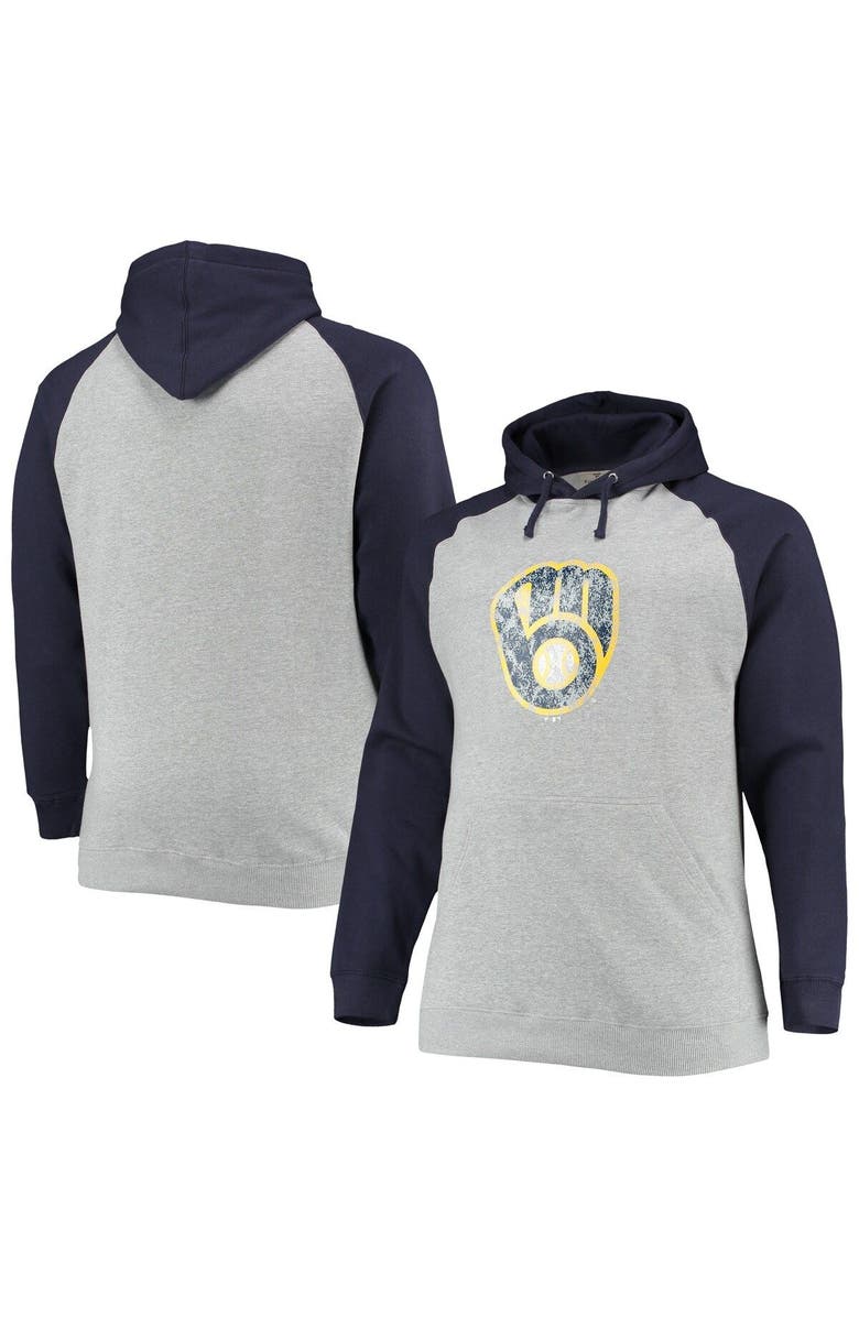 FANATICS Men's Fanatics Branded Heathered Gray/Navy Milwaukee Brewers Big & Tall Raglan Pullover Hoodie, Alternate, color, 