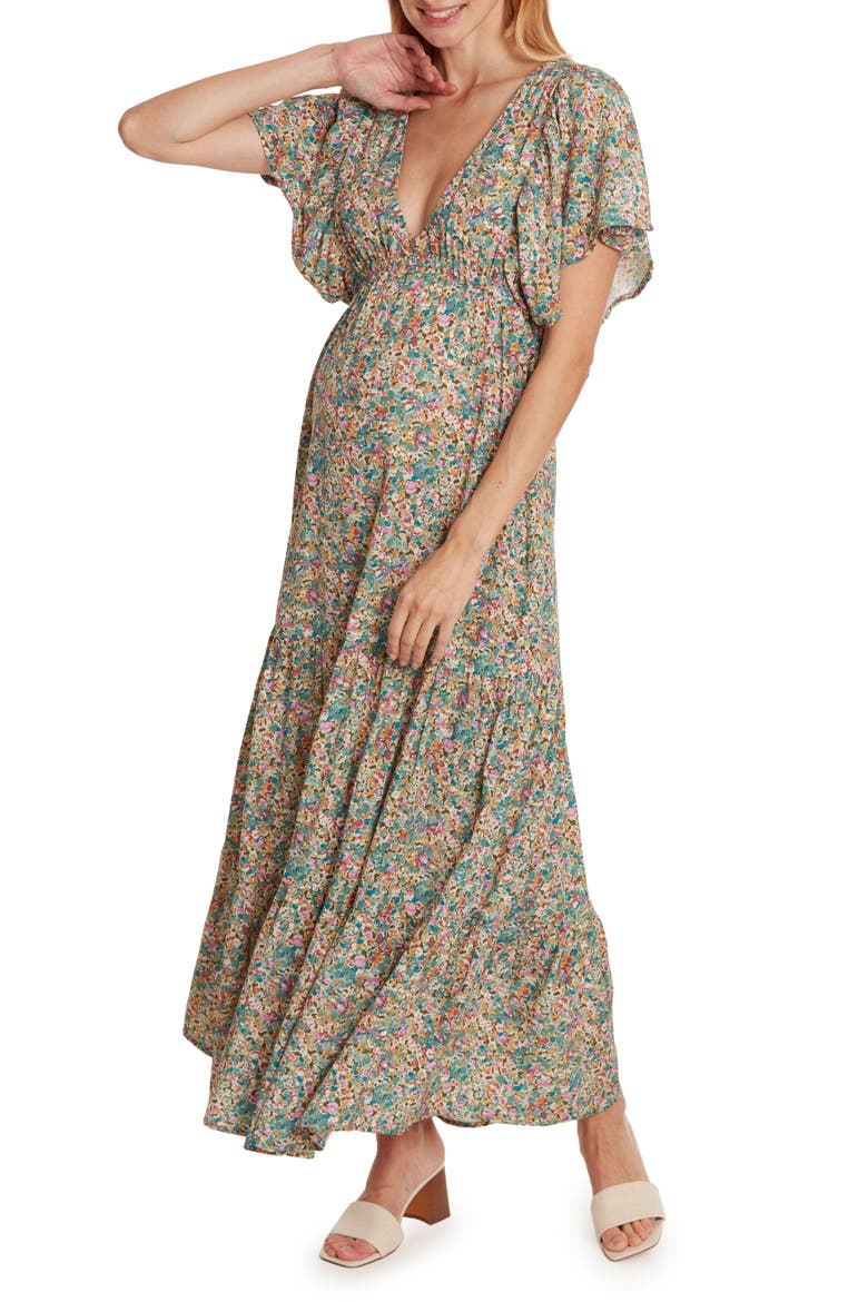 Victoria maternity and nursing maxi dress, Main, color, BEIGE MULTI