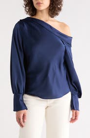 Renee C Asymmetrical Drop Shoulder Satin Top