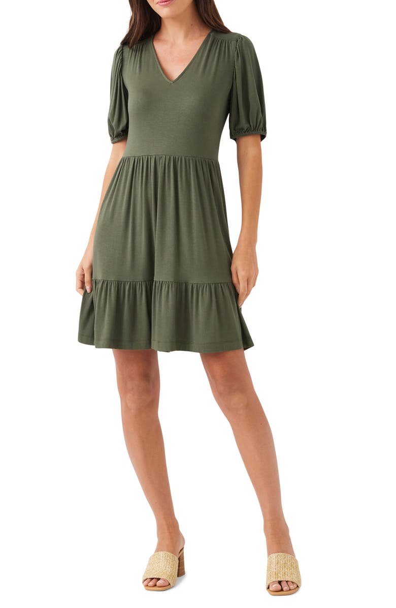Karen Kane Tiered Puff Sleeve A-Line Dress, Main, color, Olive