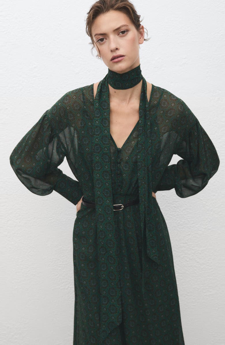 MANGO Medallion Print Long Sleeve Dress with Removable Scarf, Alternate, color, Green