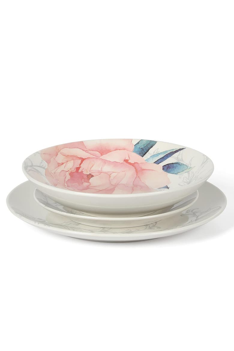 Peony 12 piece Round Fine Ceramic Dinnerware Set, Alternate, color, White and Pink