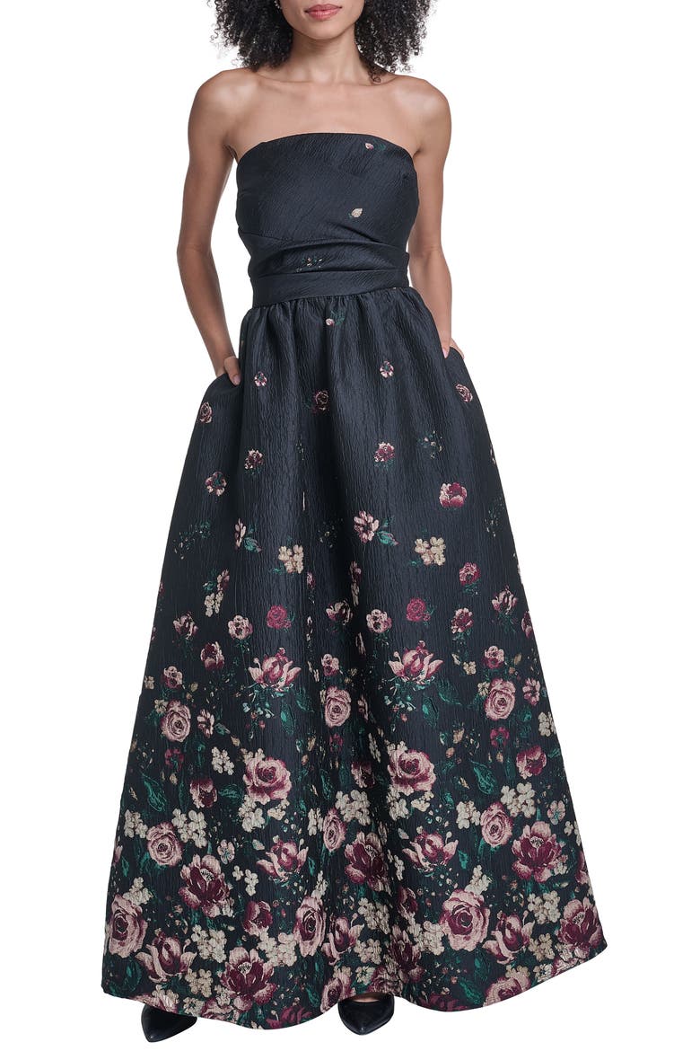 Floral Print Fils Coupé Ballgown, Main, color, BLACK MULTI