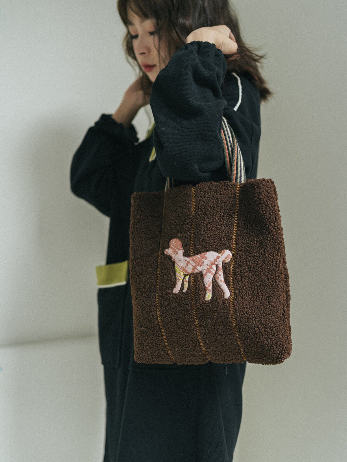 "Pan Pan" Shearling Tote Bag, Alternate, color, Chocolate