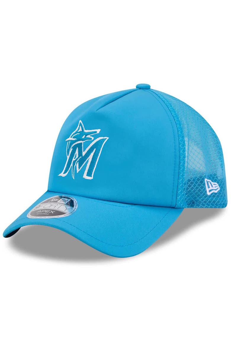 Men's New Era Blue Miami Marlins 2026 Batting Practice Apex 9FORTY Adjustable Trucker Hat, Main, color, Blue