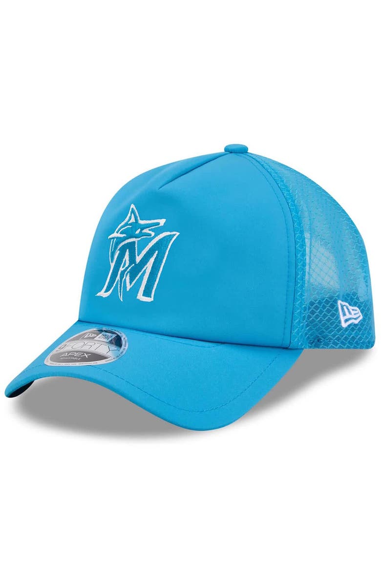 New Era Men's New Era Blue Miami Marlins 2026 Batting Practice Apex 9FORTY Adjustable Trucker Hat, Main, color, Blue