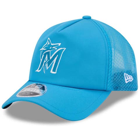 Men's New Era Blue Miami Marlins 2026 Batting Practice Apex 9FORTY Adjustable Trucker Hat
