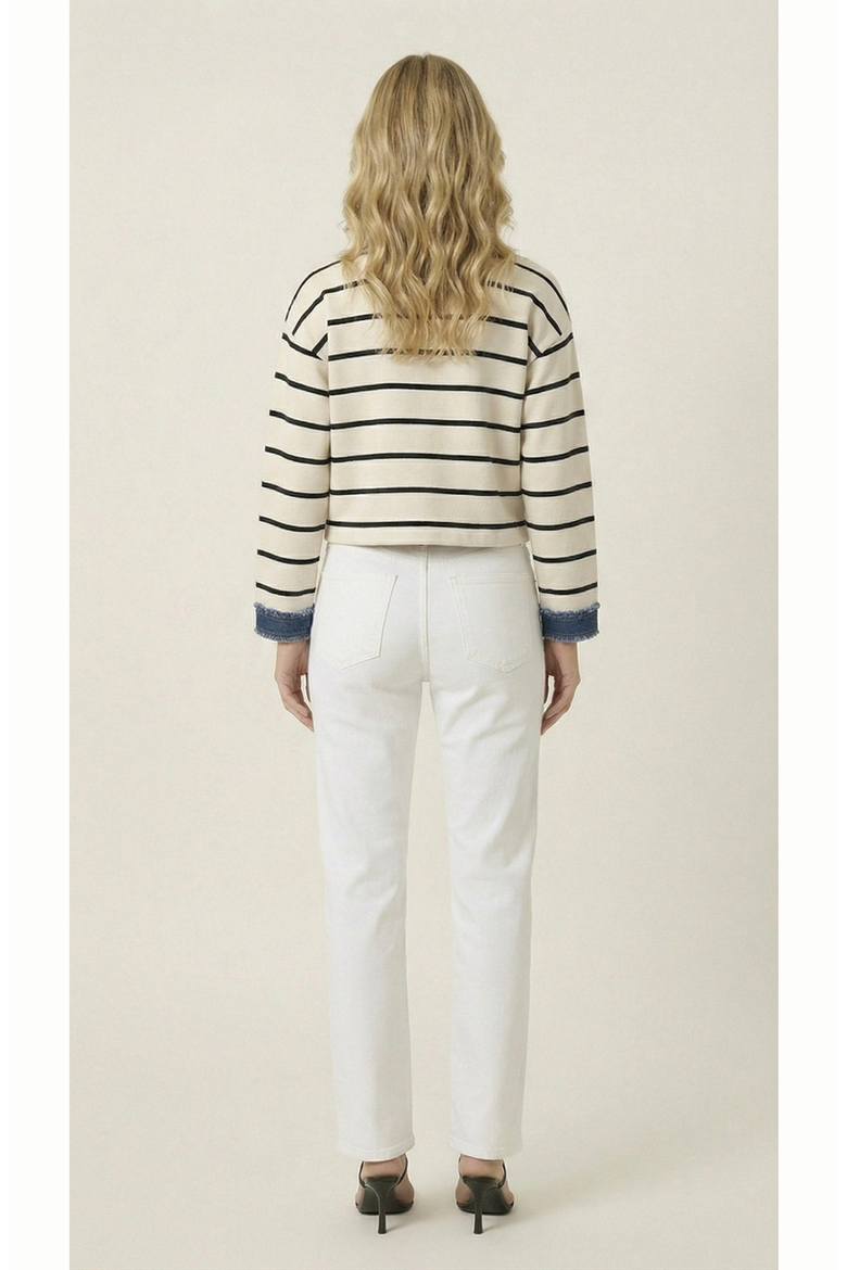Striped Knit Denim Trim Cardigan, Alternate, color, Cream / Navy Blue