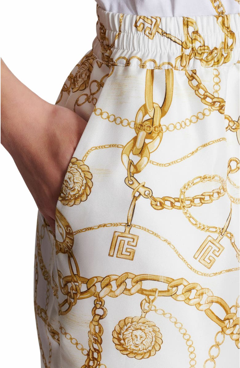 Balmain Flowing Printed Silk Trousers With Balmain Chains Pattern, Alternate, color, Gold